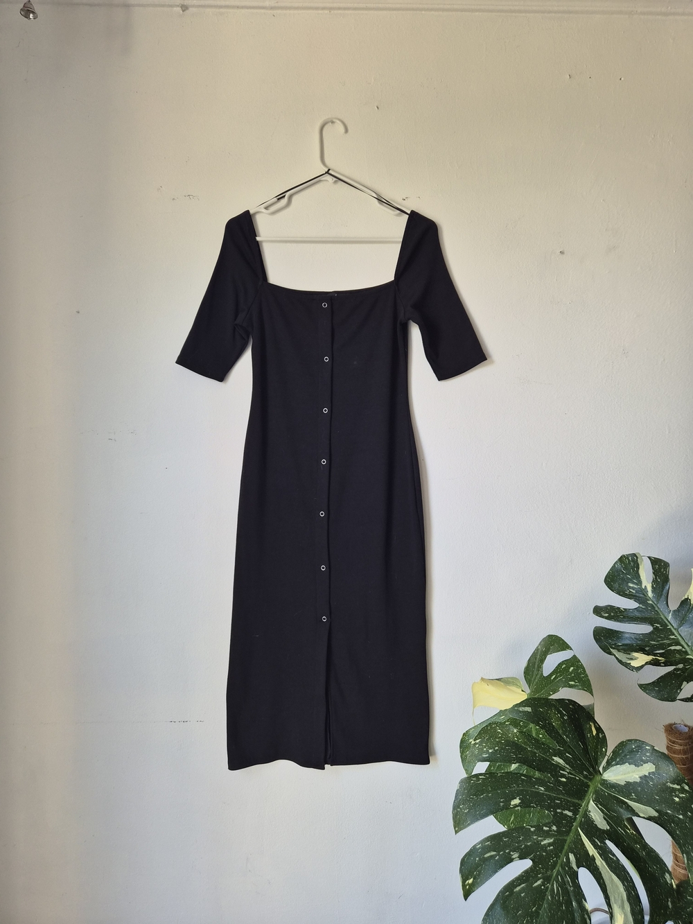Sweet Rain Black Square-Neck Button-Front Midi Dress